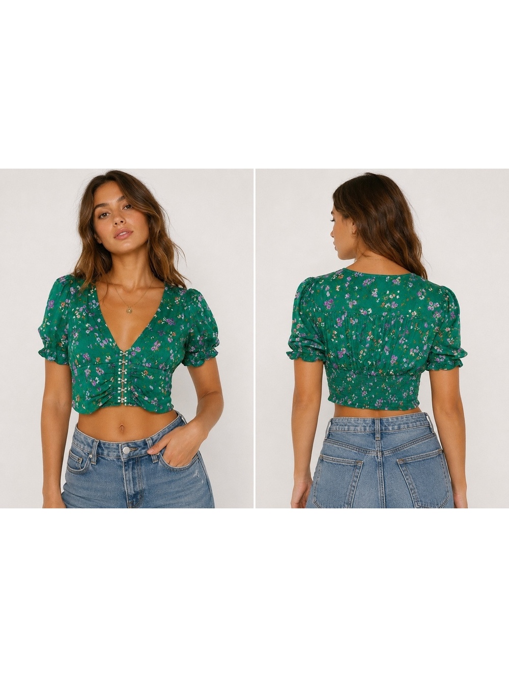 Urban Outfitters Floral Crop Top Large Green Hook Eye Puff Sleeve Y2K Blouse